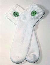 Load image into Gallery viewer, Women&#39;s white sports quarter sock with shhSMILE pickleball emoji
