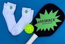 Load image into Gallery viewer, Women&#39;s white sports quarter sock with shhSMILE pickleball emoji
