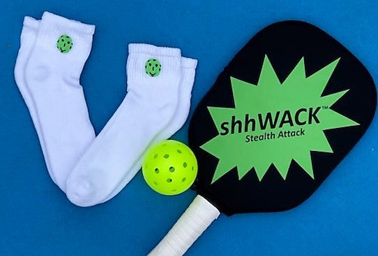Women's white sports quarter sock with shhSMILE pickleball emoji